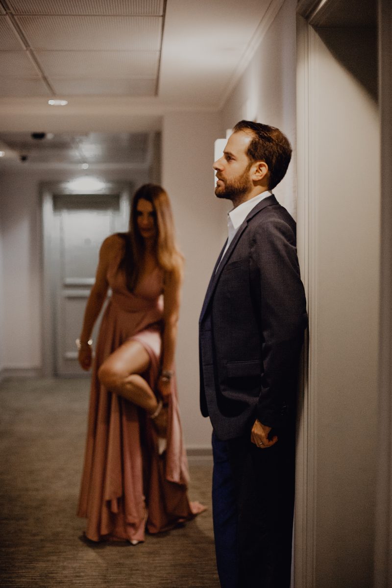 Romantic portrait of two people sharing a quiet, joyful moment